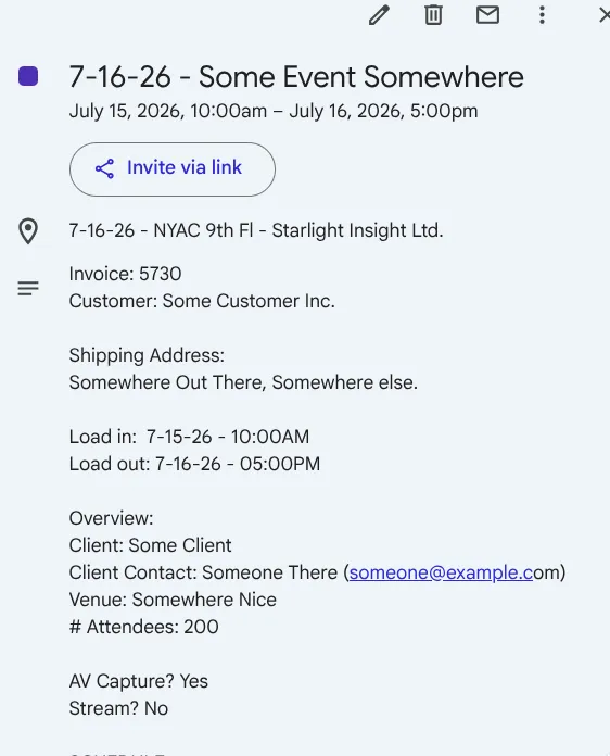A Google Calendar event created from an invoice with load-in/load-out times