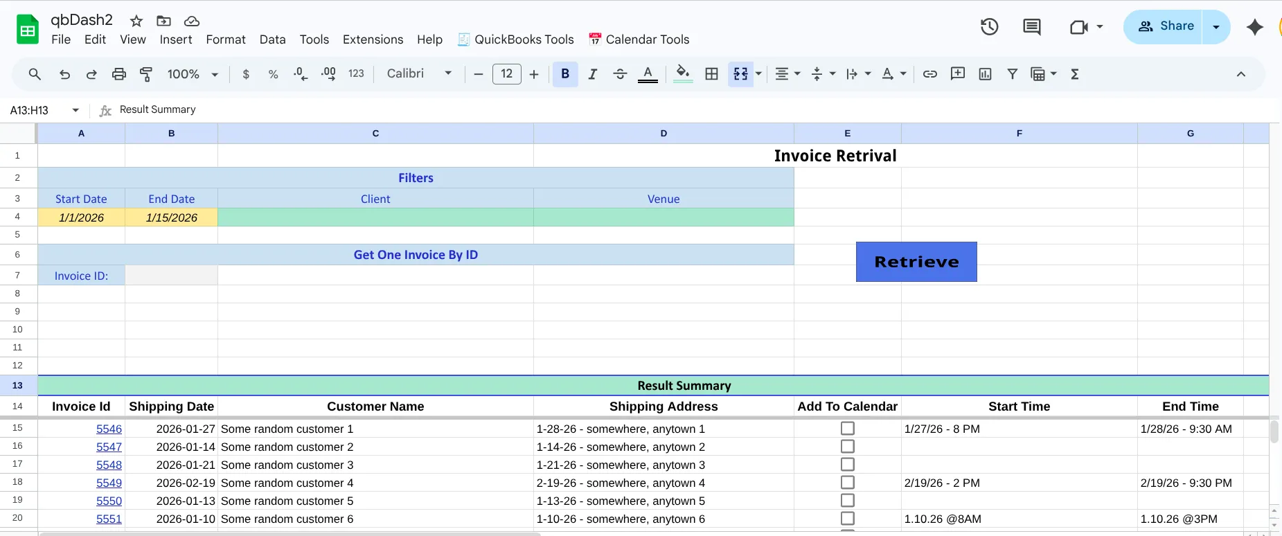 The Dashboard spreadsheet with search controls and a result summary table