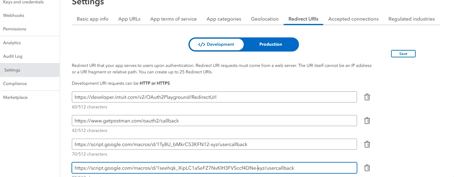 The QuickBooks app QA development settings page