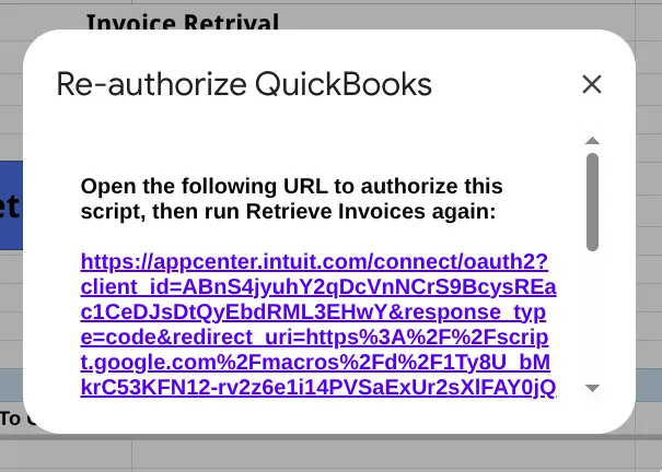 The QuickBooks re-authorization dialog with the authorization link