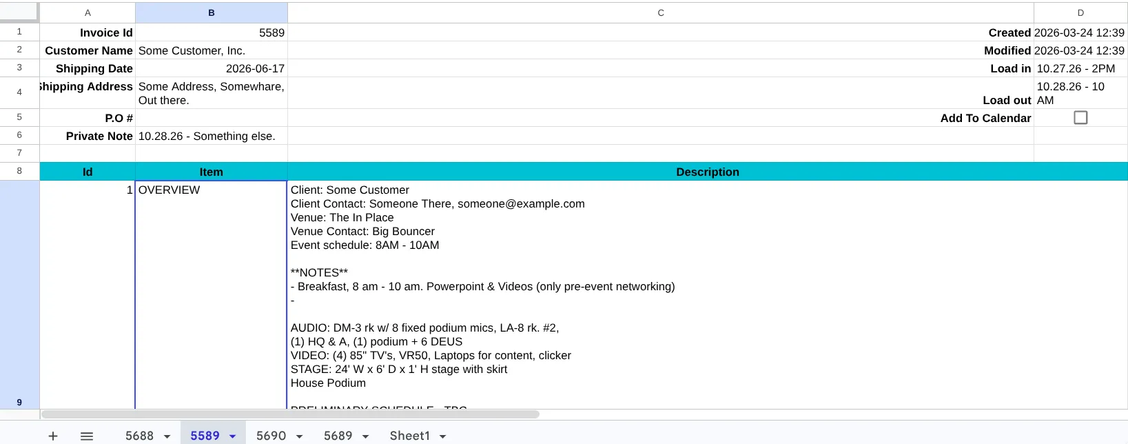 A single invoice tab with a header block and job line items below